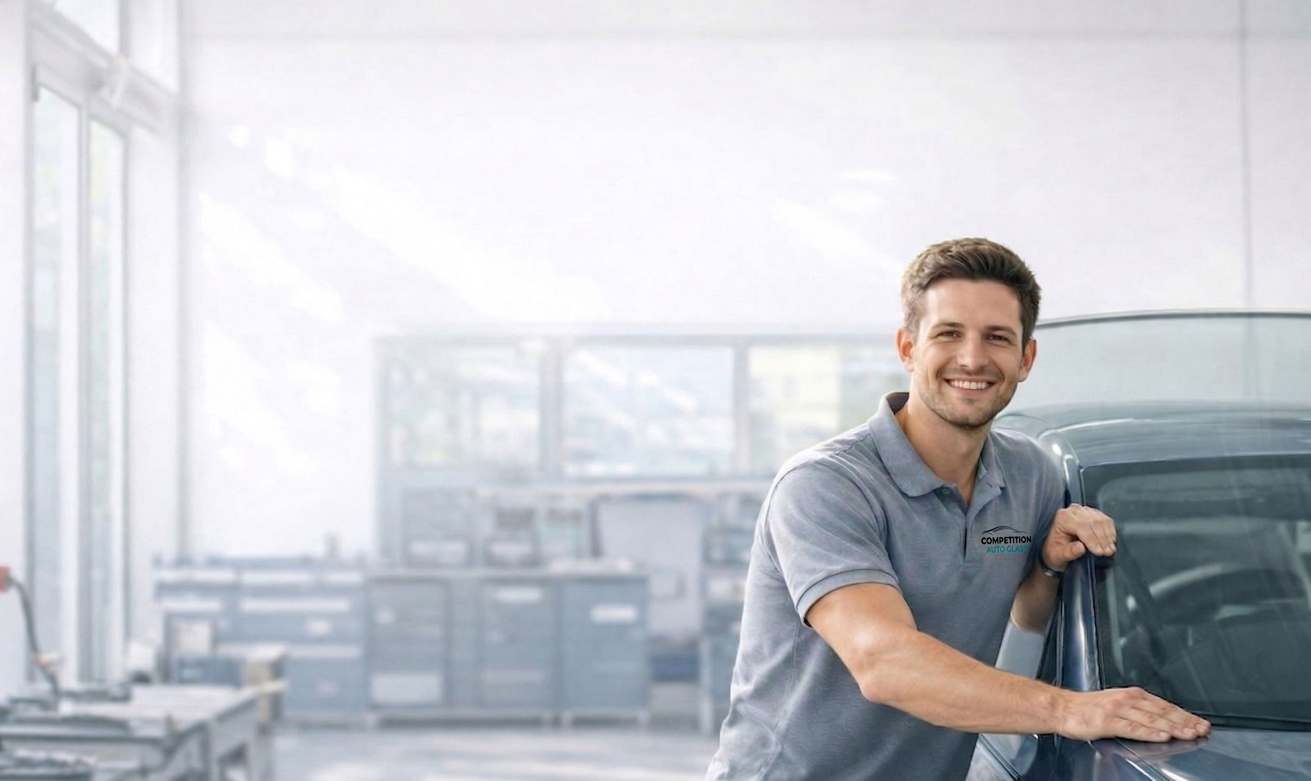 Auto glass technician replacing windshield