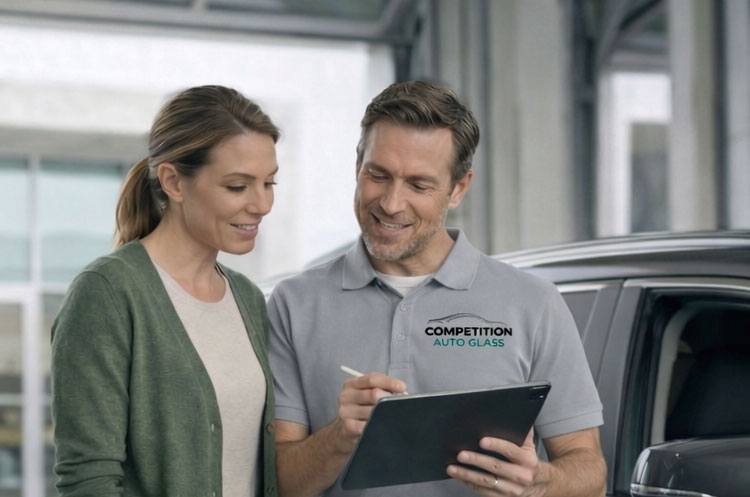 Technician reviewing insurance claim with customer