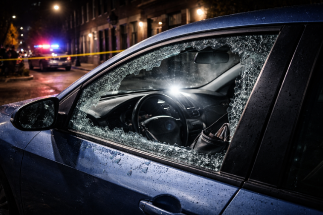 Smashed car window with broken glass in Denver