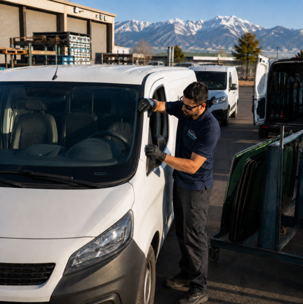 Technician inspecting the windshield of a white work van in a fleet yard, Colorado mountains behind