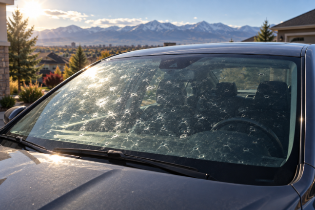 Windshield covered in hail impact marks on a dark car, Colorado mountains in the background