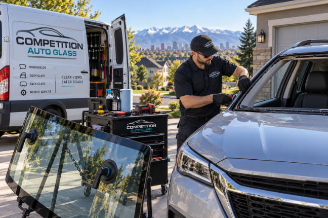 Competition Auto Glass technician fitting a new windshield to an SUV in a driveway beside the service van