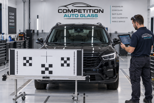 Technician calibrating a black SUV's windshield camera with an ADAS target board and tablet in the workshop