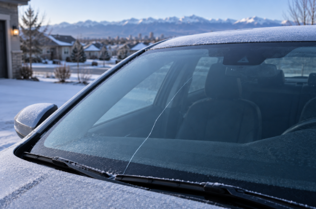 Frosted windshield with a long stress crack running in from the lower edge, Front Range mountains behind